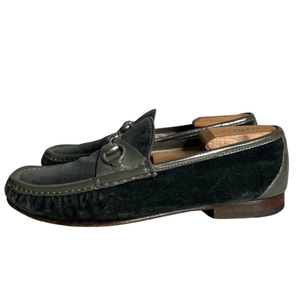 Gucci Horsebit Gray Accent Velvet Patent Leather Slip On Loafers Men’s Shoes 8